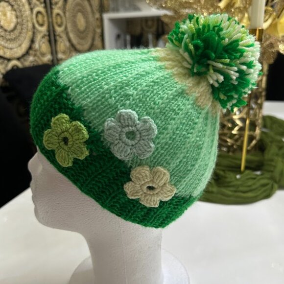 Handmade Winter Hat Made of Soft Wool with Pompoms and Flowers - Picture 2 of 7